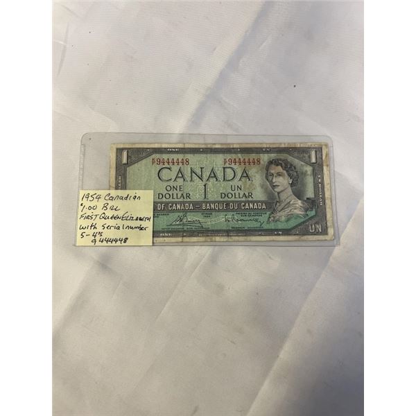 1954 CANADIAN $1 BILL FIRST QUEEN ELIZABETH II W/ SERIAL NUMBER 9444448