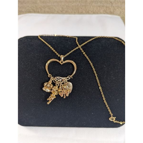VINTAGE GOLD TONE HEART SHAPE PENDANT W/ CHARMS NECKLACE