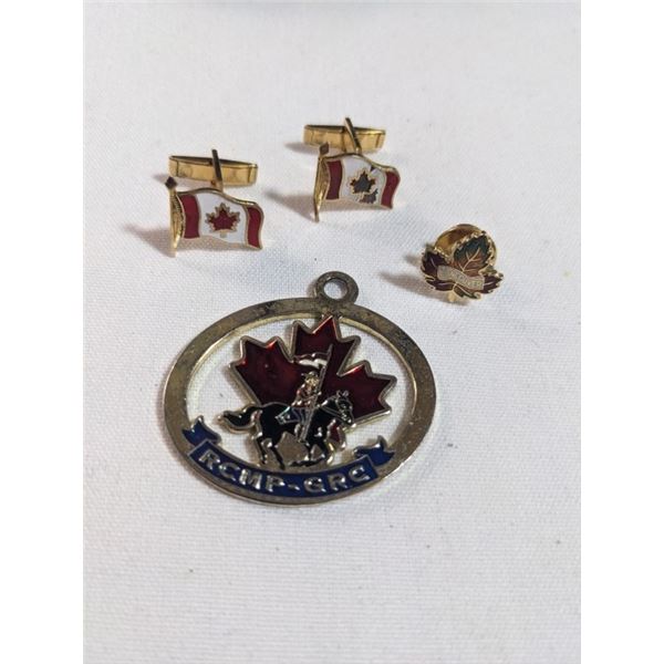 PAIR OF GOLD TONE MAPLE LEAF CUFFLINKS, TIE PIN AND RCMP GRC PENDANT