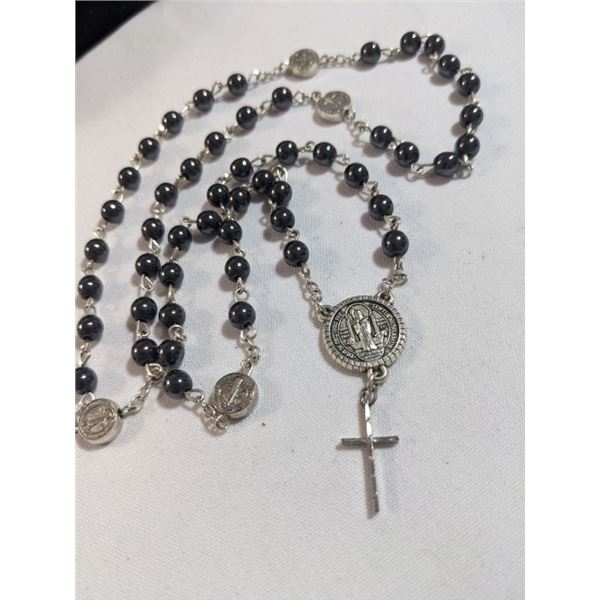 VINTAGE SILVER TONE W/ BLACK BEADS ERLIGIOUS NECKLACE