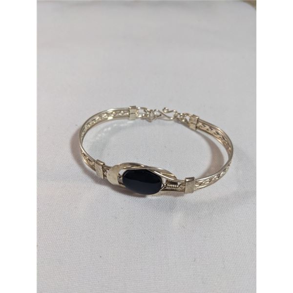SILVER W/ BLACK ONYX STONE BANGLE BRACELET