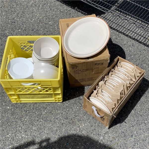 BOX OF NEW 13.25 PLATTERS AND 18 NEW BOWLS WITH CRATE OF DISHWARE