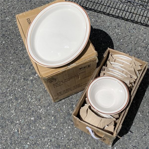 BOX OF NEW 13.25 PLATTERS AND 18 NEW BOWLS