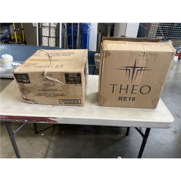 CASE OF 8 INCH HINGED CONTAINERS AND CASE OF RECTANGULAR FOOD CONTAINERS