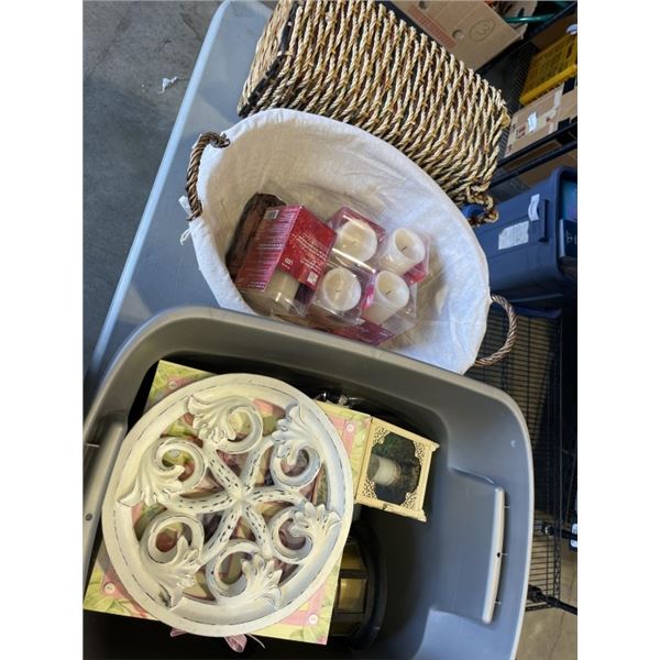 TOTE AND 2 BASKETS OF DECOR AND NEW CANDLES