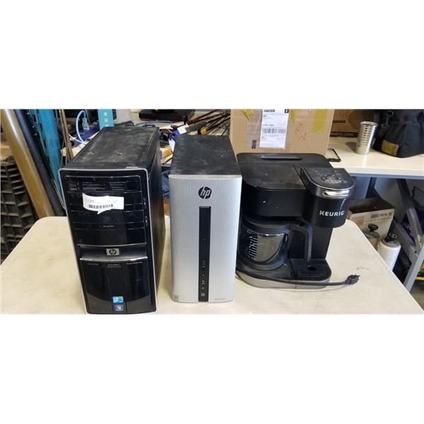 2 HP DESKTOP COMPUTERS, AND KEURIG COFFEE MAKER