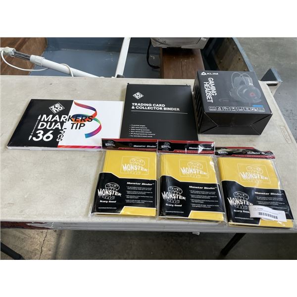 KLIM GAMING HEADSET AND ASSORTED TRADING CVARD BINDERS AND SHEETS