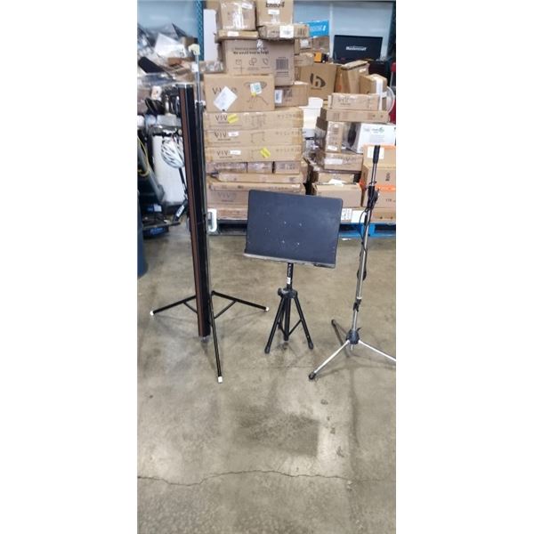 MUSIC STAND, MIC STAND WITH MIC AND DALITE TRIPOD PROJECTOR SCREEN