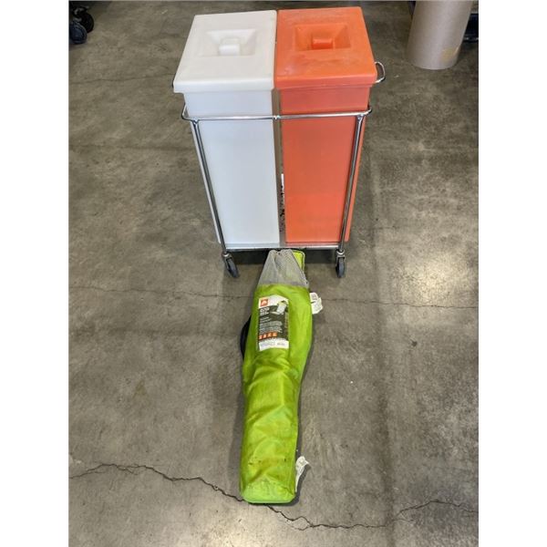 CAMP CHAIR AND ROLLING DOUBLE BINS