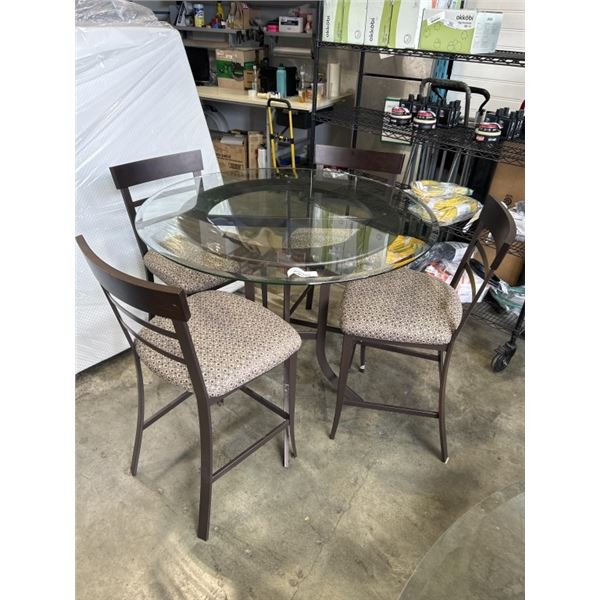 GLASS TOP ROUND PUB HEIGHT DINING TABLE AND 4 STOOLS
