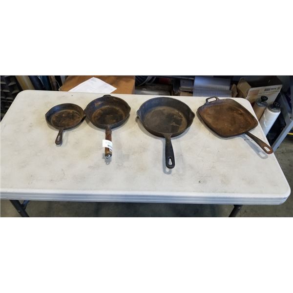 CAMP TENT AND ASSORTED CAST IRON PANS