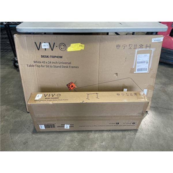 WHITE 43"X 24" TABLE TOP WITH WHITE VIVO SINGLE ELECTRIC SINGLE MOTOR DESK FRAME