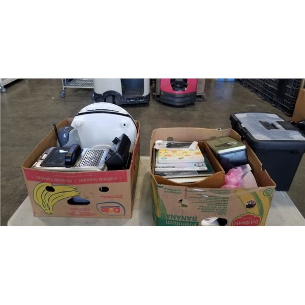 BOX OF ASSORTED OFFICE SUPPLIES AND BOX OF HOUSEHOLD APPLIANCES INCLUDING DEEP FRYER