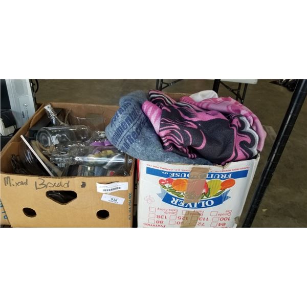 BOX OF BLANKETS INCLUDING MOVING PADS, AND BOX OF ASSORTED HOUSEHOLD GLASS ACCESSORIES