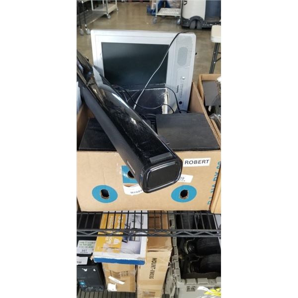 ASSORTED ELECTRONICS INCLUDING SPEAKERS, SOUND BAR PORTABLE SYMPHONIC TV ETC