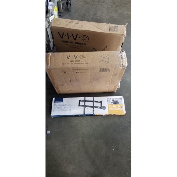 2 FIXED POSTIONED TV MOUNTS AND SWIVEL COUCH DESK