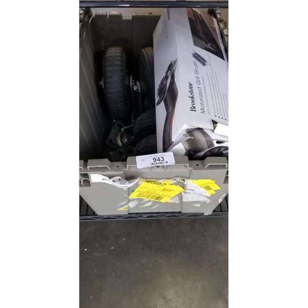 TOTE OF LARGE CASTERS AND ELECTRIC GRIL BRUSH