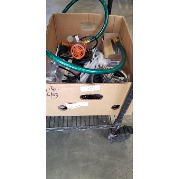 VEVOR TRANSFER PUMP WITH HOSE, AND BOX OF ASSORTED NEW AND USED HARDWARE