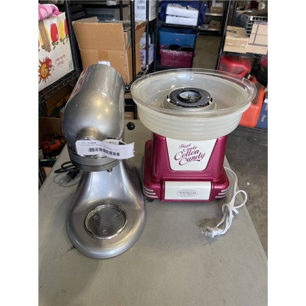 KITCHEN AID MIXER - NO BOWL, AND NOSTALGIA COTTON CANDY MACHINE