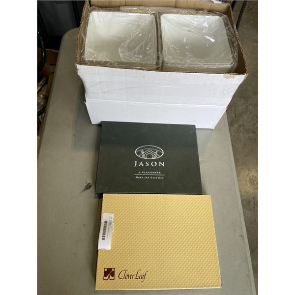 VINTAGE TABLE PLACEMATS AND 2 ACRYLIC GARBAGE BINS