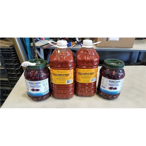 2 TUBS OF CHILI GARLIC SAUCE AND 2 TUBS OF KALAMATA OLIVES