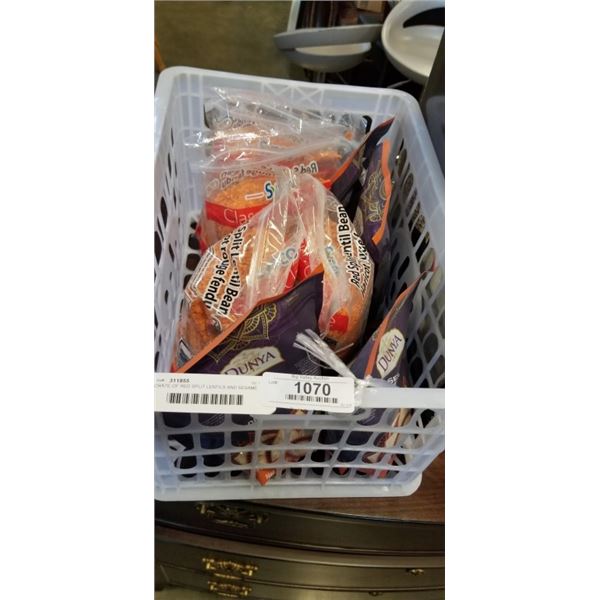 CRATE OF RED SPLIT LENTILS AND SESAME SEEDS