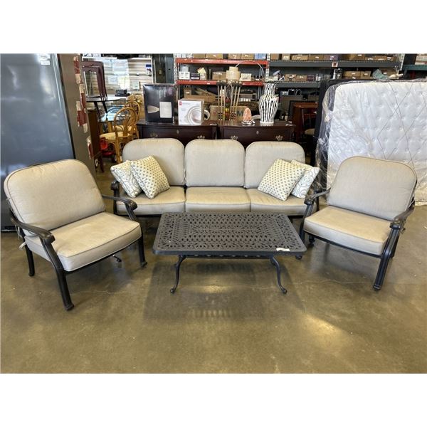 4 PC IRON PATIO SET WITH CUSHIONS, INCLDUES SOFA, 2 CHAIR AND COFFEE TABLE
