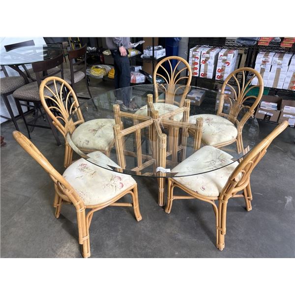 ROUND GLASS TOP RATTAN DINING TABLE WITH 5 CHAIRS, 60 INCH DIAMETER