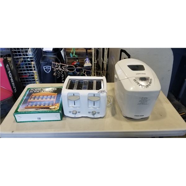 SPICE RACK, SUNBEAM TOASTER, AND BLACK & DECKER BREADMAKER