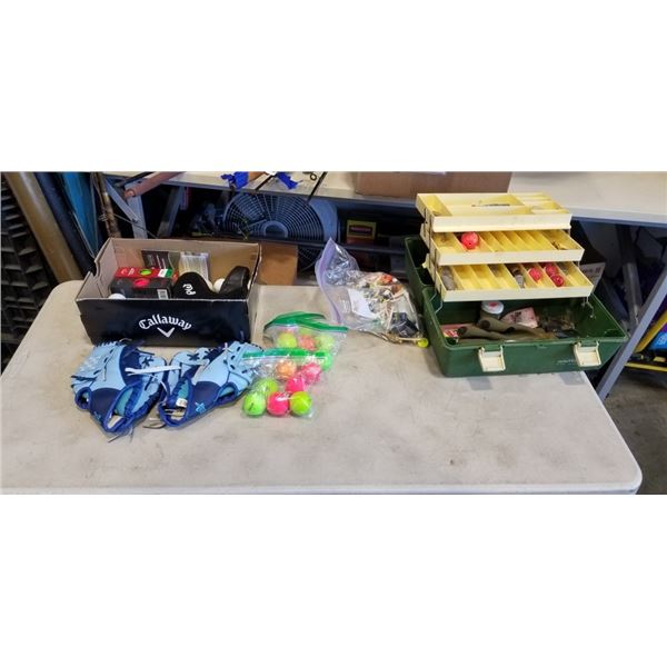 TACKLE BOX LOT OF GOLF ITEMS AND BASEBALL GLOVES