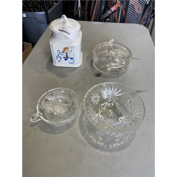 LOT OF CRYSTAL AND VINTAGE TETLEY TEA JAR