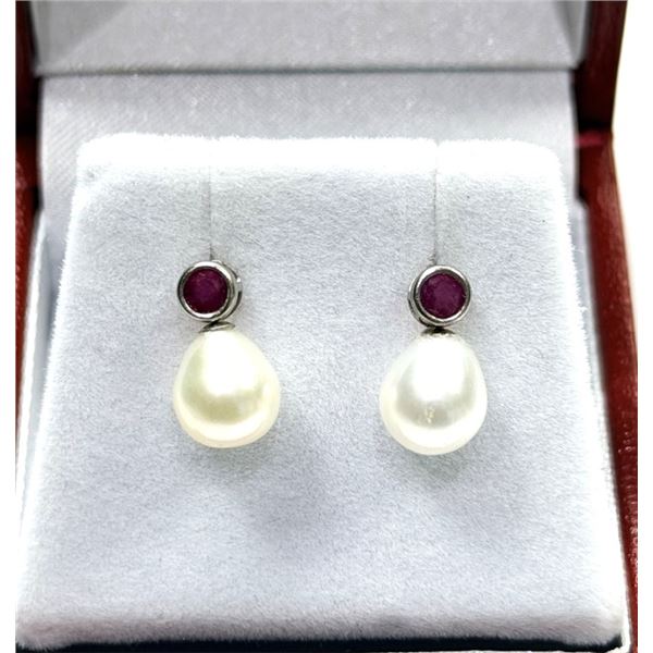 14KT WHITE GOLD NATURAL ENHANCED RUBY (0.10CT) AND PEARL (5.24CT) EARRINGS, W/A $1700.00. RUBY IS TH