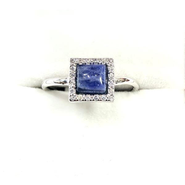 STERLING SILVER NATURAL SODALITE AND CZ RING, SIZE 8, RETAIL $400.00.