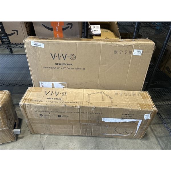 VIVO DARK WALNUT 63" X 55" CORNER TABLE TOP AND VIVO VLACK MEDIUM ELECTRIC SINGLE MOTOR CORNER DESK 