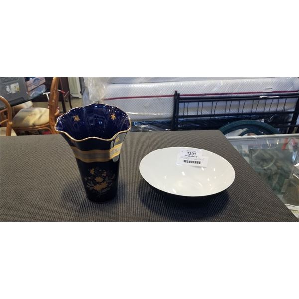 PORCELAINE 22K GOLD RIMMED VASE AND CENTENNIAL CHINA "CHARCOAL" BOWL