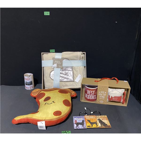 Lot of new items including dog toy, dog mug, blanket,