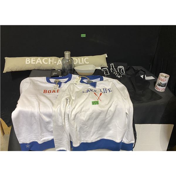 Boat life t-shirts, door draft pillow, ornaments, flask, apron