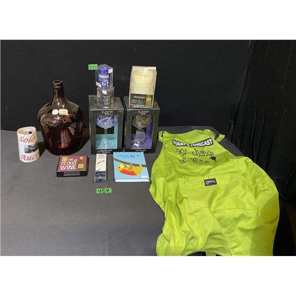 Vintage bottle, coasters, wine glasses, shot glasses, apron and more``