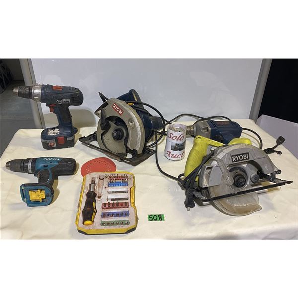 2 Circular saws, screwdriver bit set, Bocsh and Makita and Ryobi drills