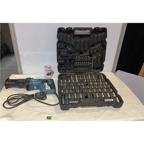 Socket set in carrying case, Makita reciprocating saw