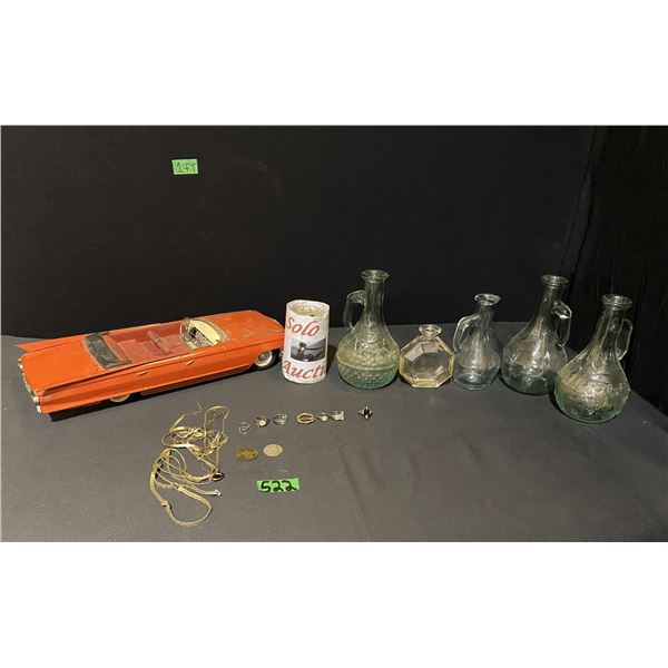 Diecast car, fashion jewellery and vintage bottles