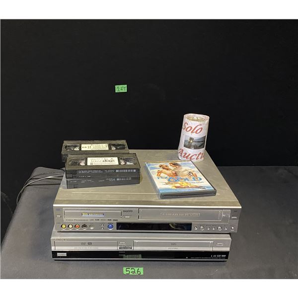Sanyo and Sony brand DVD/VHS players with VSH movies and one DVD movie