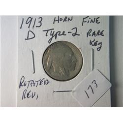 1913-D FINE TYPE 2 BUFFALO NICKEL ROTATED REVERSE  RARE