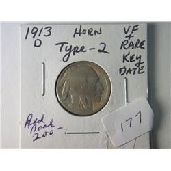 1913-D VF TYPE 2 BUFFALO NICKEL  RARE