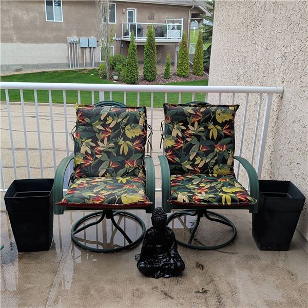 Green Metal Patio Swivel Chairs w/ Reversible Cushions 2 Planters & More