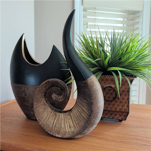 Decorative Ceramic Vase, Spiral Sculpture & Faux House Plant in Metal Urn 17" Tall