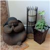 Image 1 : Ceramic Figurine with Braided Hair, Unique Candle Stand & Faux Succulent House Plant