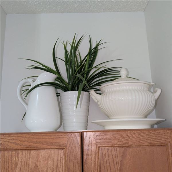 White Ceramic Soup Tureen Set, Faux Greenery & Decorative Pitcher