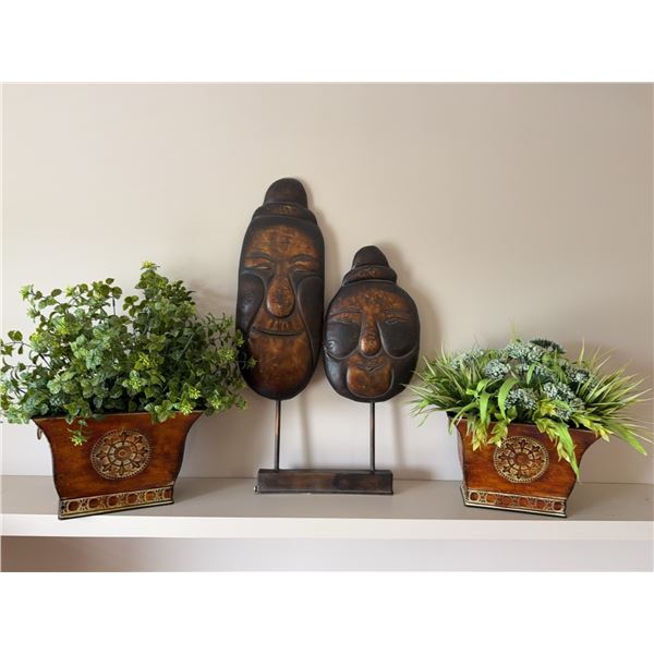 Decorative Planters with Faux Plants and Mask