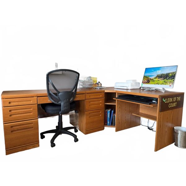 L-shaped wood office desk with drawers